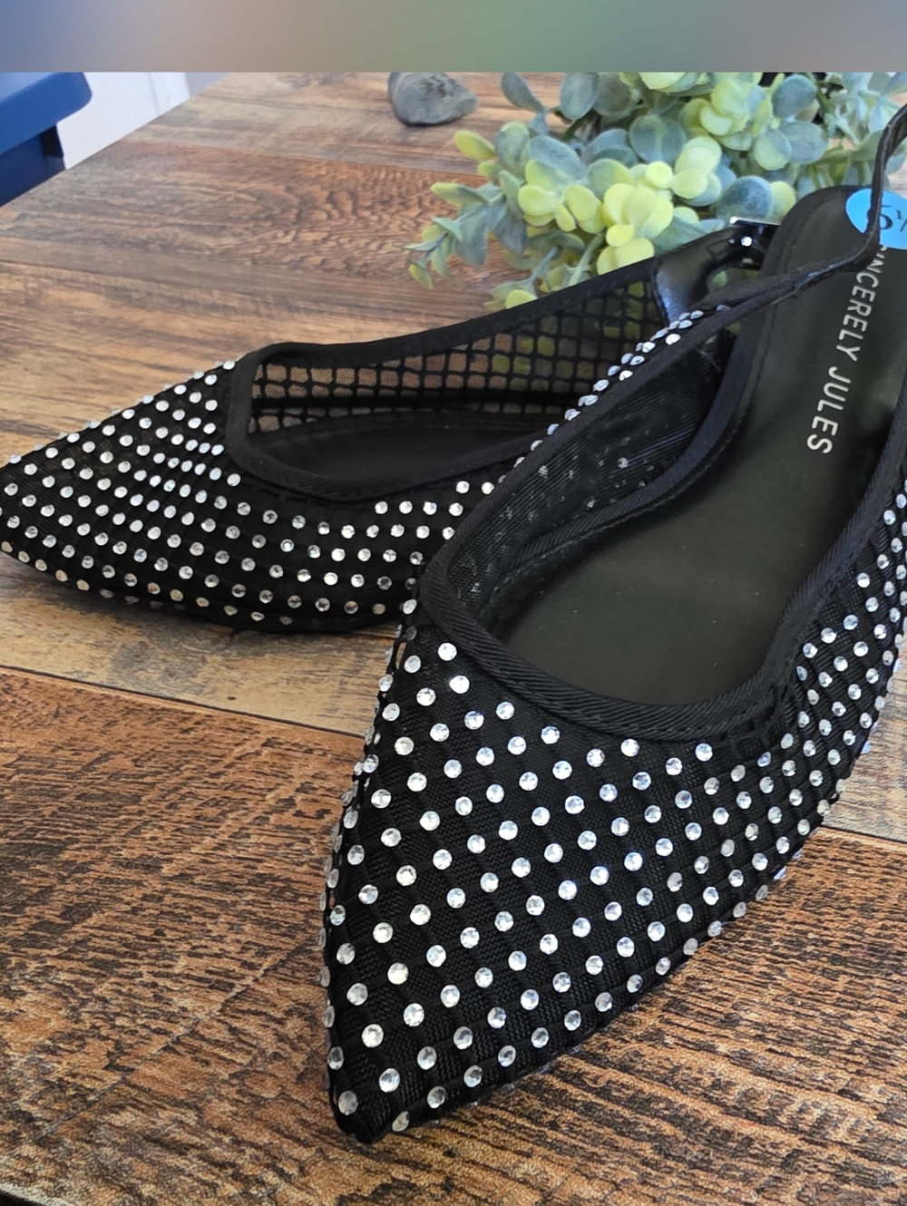 Sincerely Jules Rhinestone Mesh Slingback Flats - Black - Size 6.5